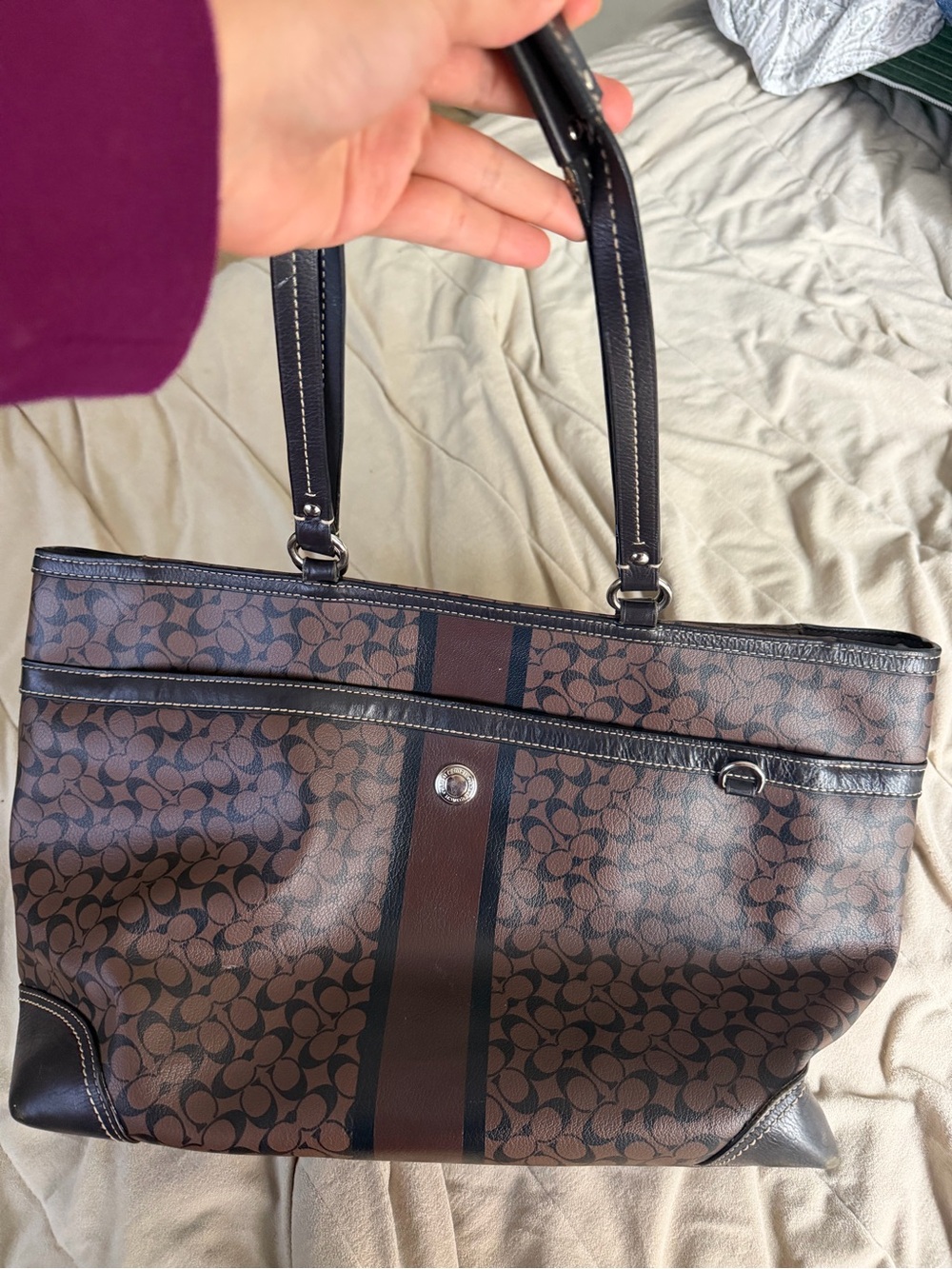 Designer-Inspired Brown Patterned Tote Bag with Stripe Detail